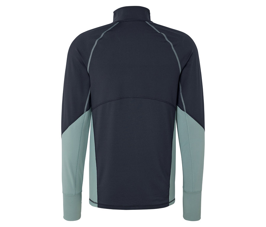 Rückansicht einer marineblauen Langarmjacke mit hellblauen Ärmeln.