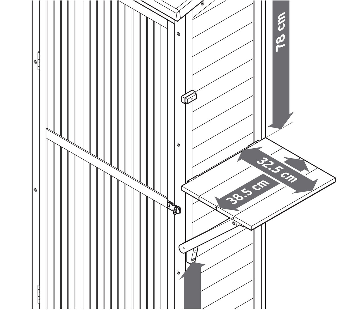 Skizze eines Holzschuppens mit den Abmessungen des Regals 32,5 cm x 38,5 cm und einer Höhe von 78 cm.