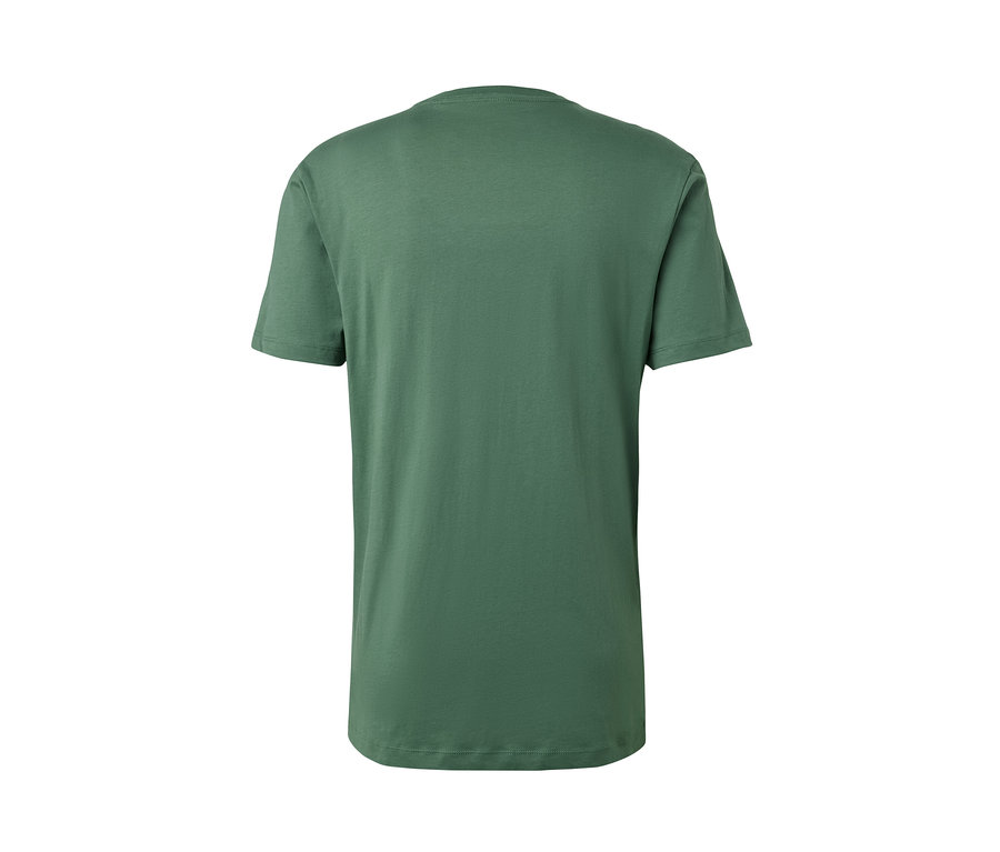 Rückansicht eines olivgrünen T-Shirts mit Rundhalsausschnitt.