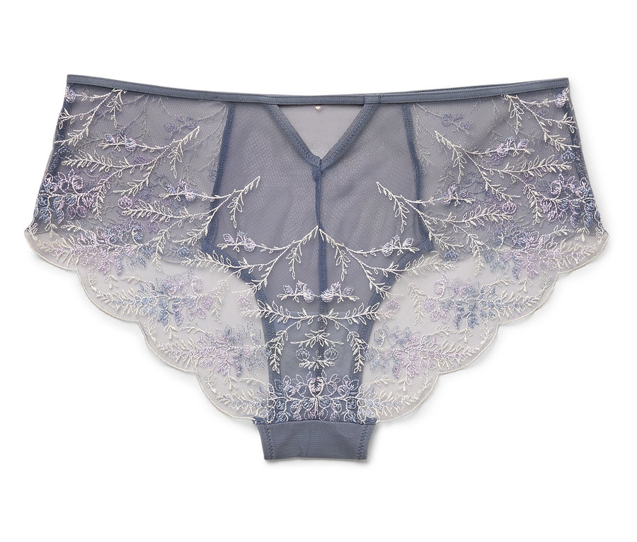 Grauer, hochtaillierter Damenslip mit floraler Stickerei auf weißem Hintergrund.