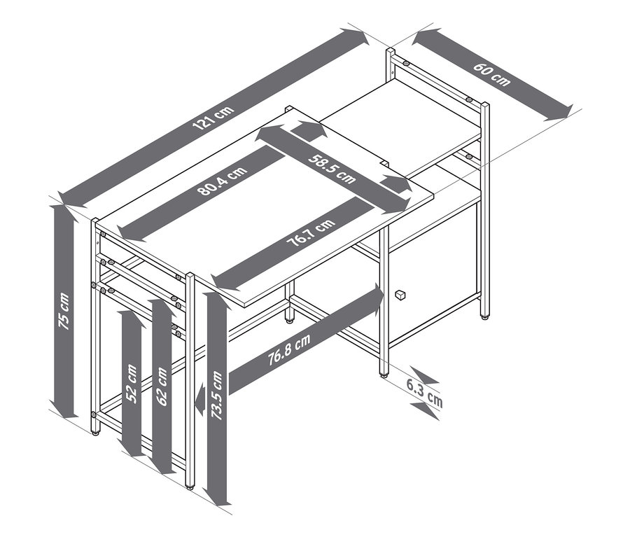 Die Abbildung zeigt eine Schemazeichnung des höhenverstellbaren Kinderschreibtisches »GRADE« mit Maßangaben.