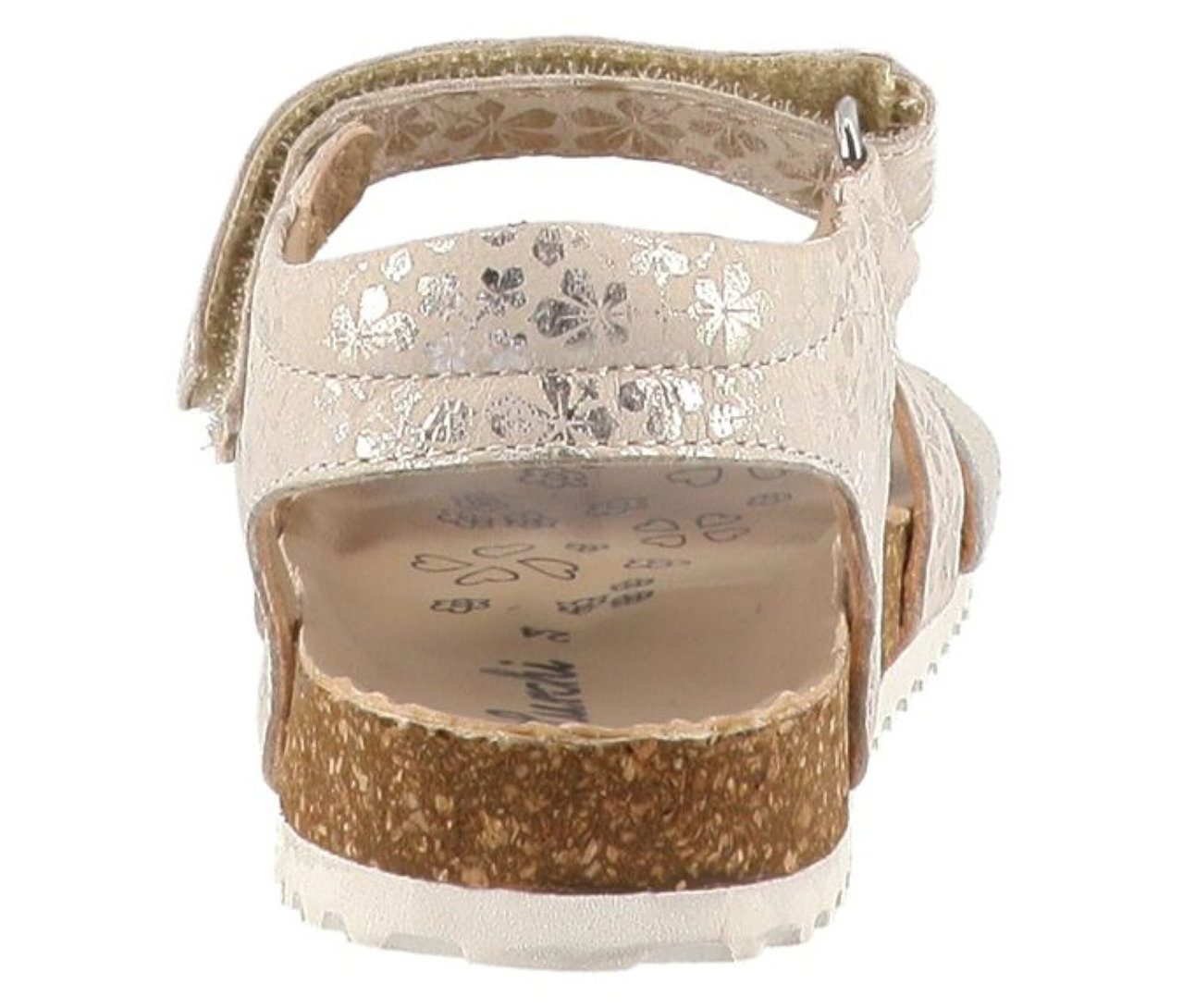 LURCHI Mädchen-Sandalen »Beo«, hellgoldfarben mit silbernem Blumenmuster, Klettverschluss und Korkfußbett, von hinten und der Seite gesehen.