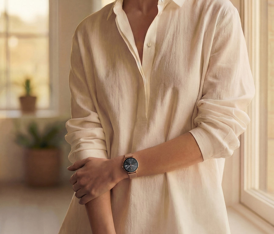 Frau in beiger Bluse mit Armbanduhr am Fenster. Zimmerpflanze im Hintergrund.