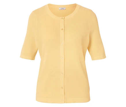 Gelbe, kurzärmlige Strickjacke mit Knöpfen vorne und Rundhalsausschnitt.
