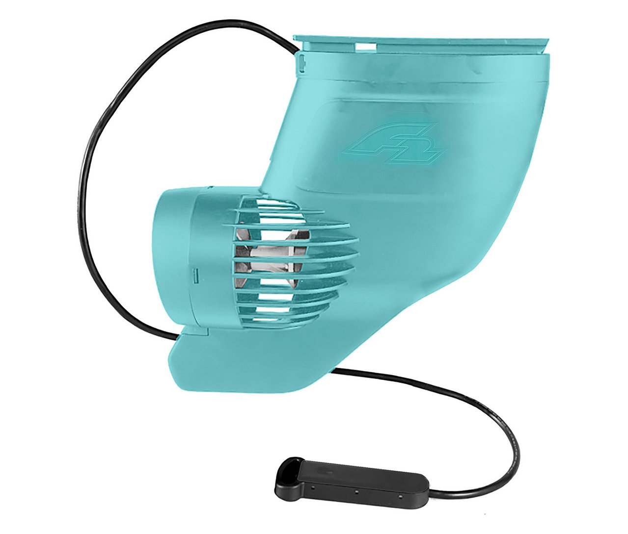 Nahaufnahme des türkisfarbenen F2 SUP Board Motor »Electric Fin« mit schwarzem Kabel und Steuerung vor weißem Hintergrund.