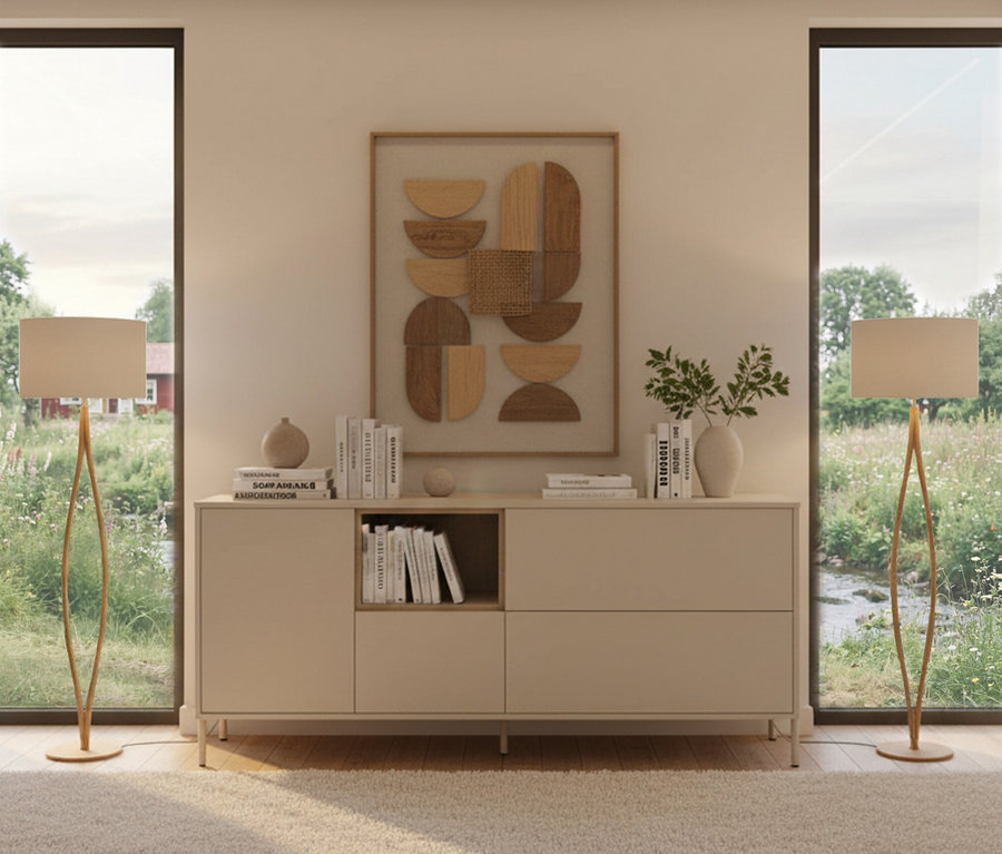 Wohnzimmer mit Sideboard »Hygge« in Cashmere-Weiß, darauf Deko und Bücher. Zwei Stehlampen stehen neben dem Sideboard.