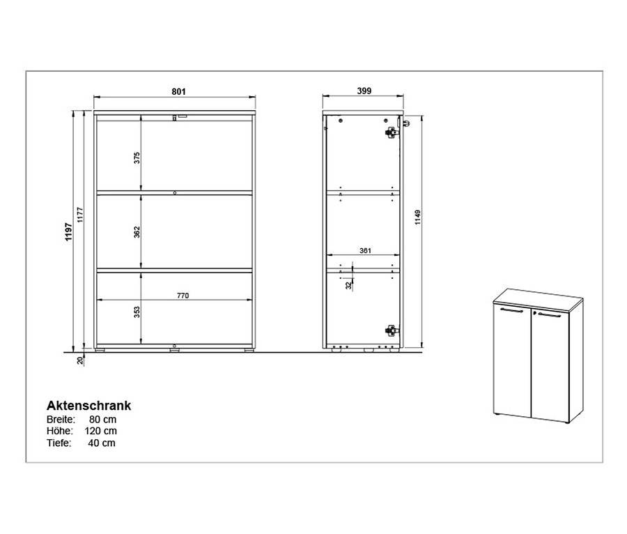 Technische Zeichnung eines Aktenschranks »Agenda«, klein, mit zwei Türen und den Maßen Breite 80 cm, Höhe 120 cm und Tiefe 40 cm.
