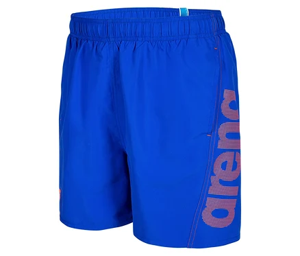 Blaue Badehose mit orangefarbenem Arena-Schriftzug.
