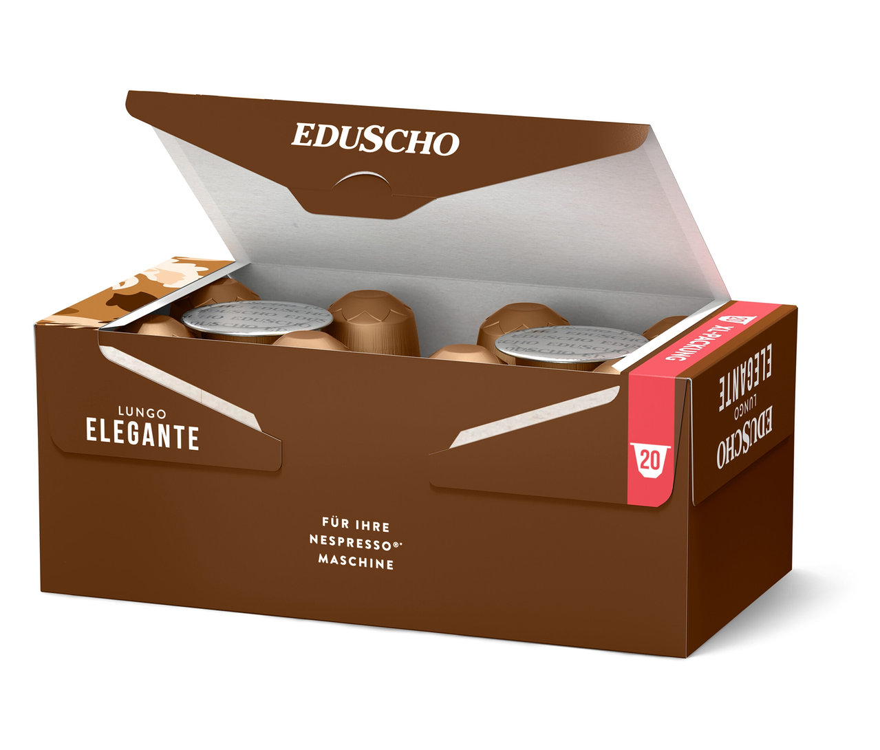 Geöffnete braune Verpackung Eduscho Lungo Elegante Kaffeekapseln für Nespresso Maschine, 20 Stück.