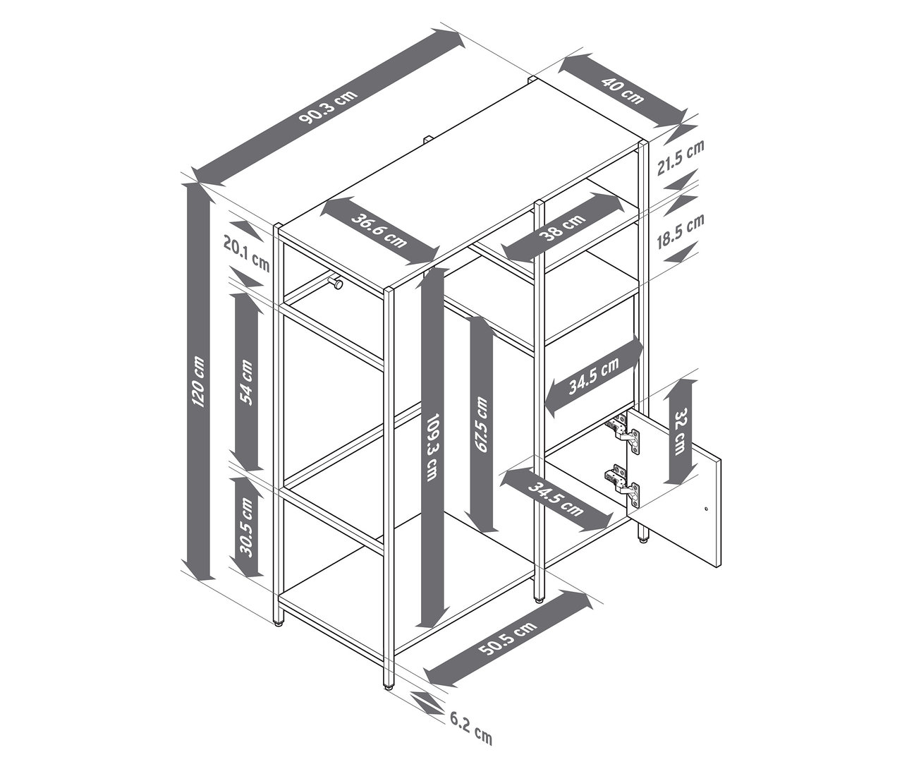 Abbildung einer Kindergarderobe »GRADE« mit Türen und Kleiderstange, dargestellt mit Maßangaben.