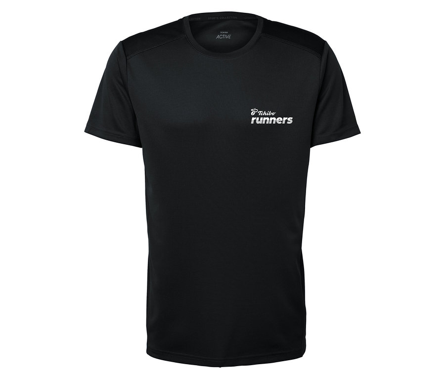 Schwarzes T-Shirt mit kurzem Arm und Aufdruck "Tchibo runners" auf der Brust.