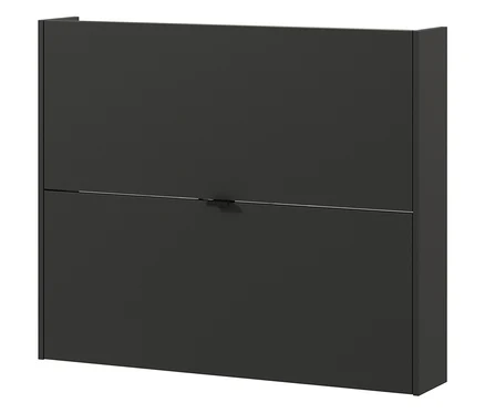 Dunkelgrauer Schuhschrank mit zwei Fächern und einem schmalen, horizontalen Griff.