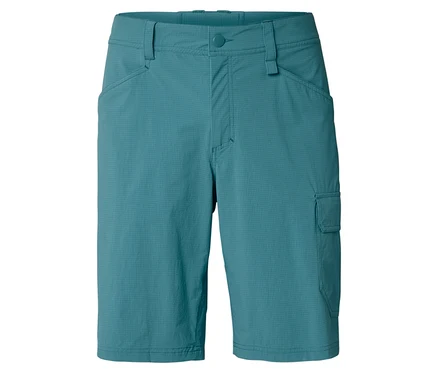 Türkisblaue Outdoor-Shorts mit Taschen sind vor einem weißen Hintergrund zu sehen.