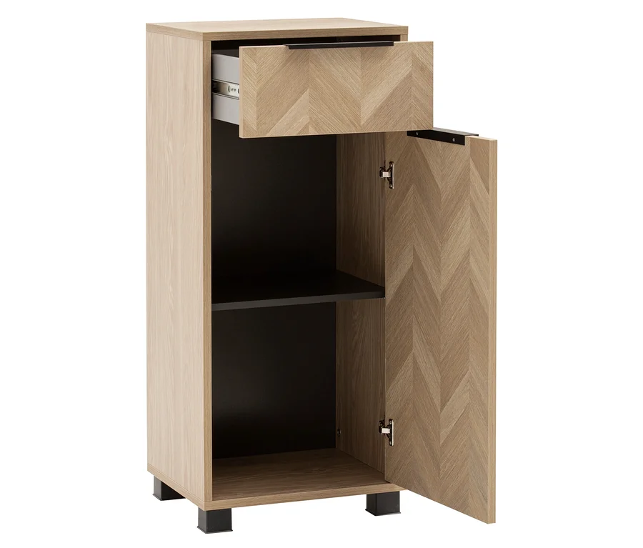 Schildmeyer Highboard »400« in Eichenoptik mit offener Schublade und geöffneter Tür.