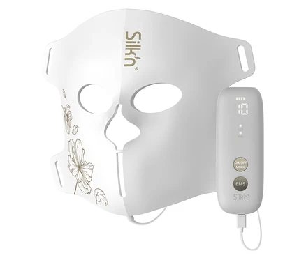 Nahaufnahme der Silk'n LED Gesichtsmaske mit EMS und zugehöriger Steuerung.