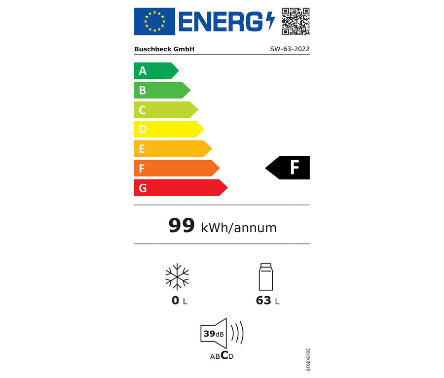 Energieeffizienzklasse F, 99 kWh/annum, Gefrierfach 0L, Kühlfach 63L, 39dB