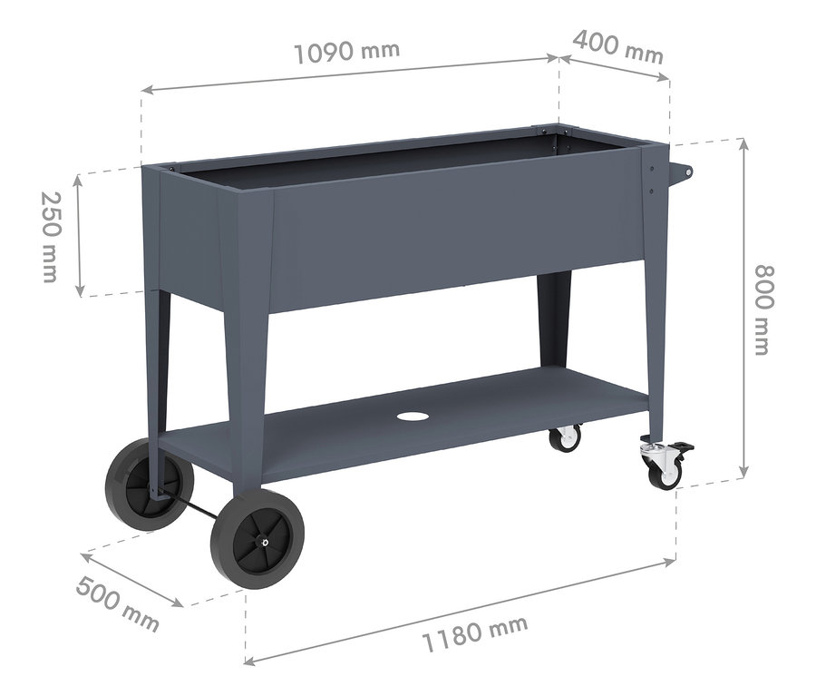 Abbildung eines grauen, rollbaren Pflanzkastens mit den Maßen 1090 mm Länge, 400 mm Breite und 800 mm Höhe.