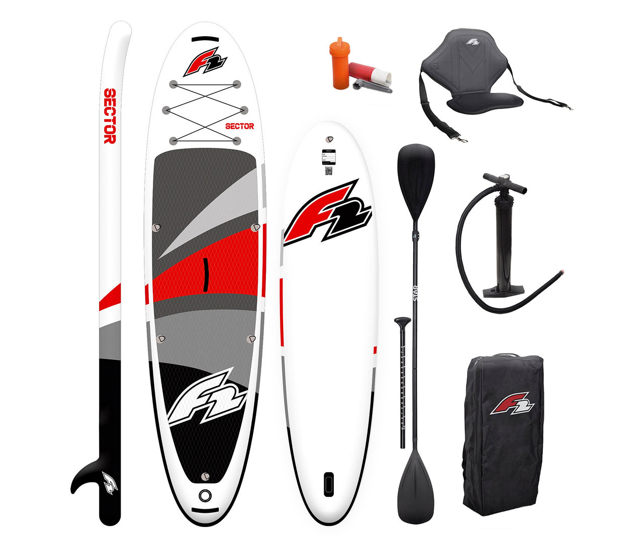 F2 SUP Board »Sector«, klein, Paddel, Pumpe, Sitz, Tasche und Zubehör liegen nebeneinander.