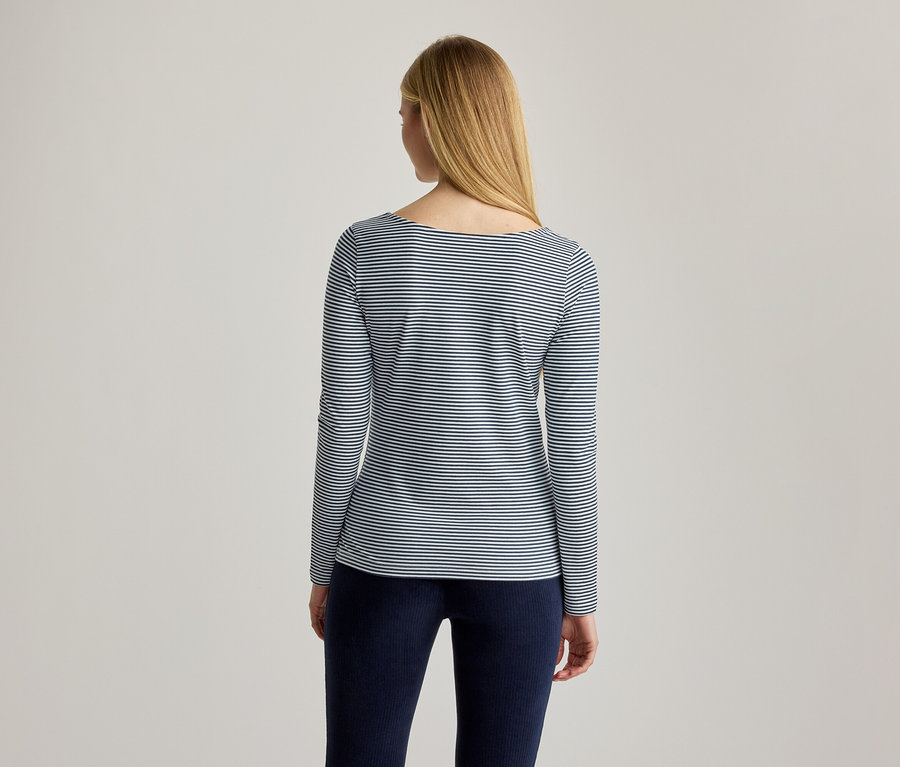 Eine Frau von hinten, die ein langärmeliges, gestreiftes Oberteil in Weiß und Dunkelblau sowie eine dunkle Hose trägt. Ihr langes blondes Haar fällt ihr über den Rücken.