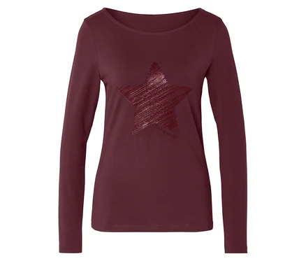 Dunkelrotes Langarmshirt mit einem glitzernden Stern-Design auf der Vorderseite.