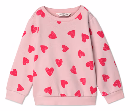 Ein hellrosa Sweatshirt mit einem roten Herzmuster.
