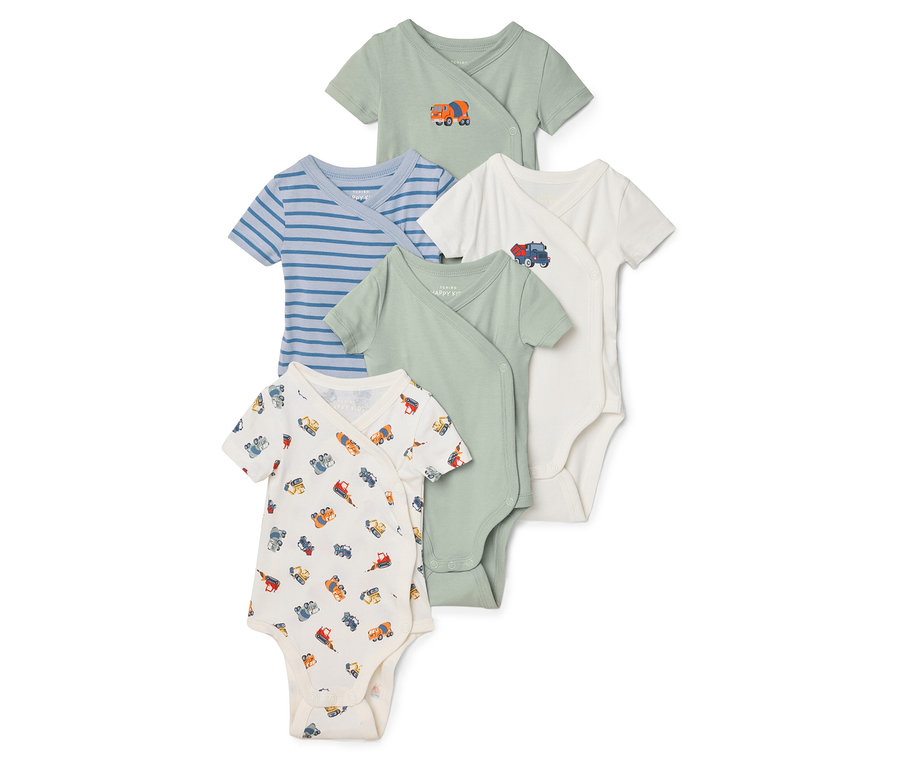 Fünf Babybodys liegen übereinander, verschiedene Farben und Muster.