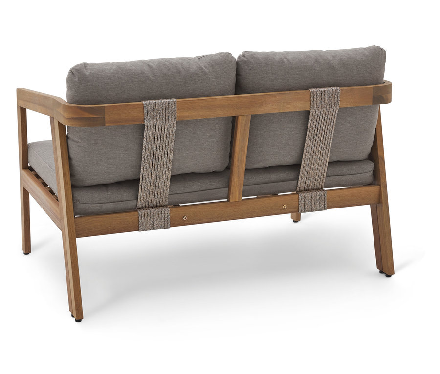 Rückansicht eines hölzernen Zweisitzer-Sofas mit grauen Kissen und Seildetails.