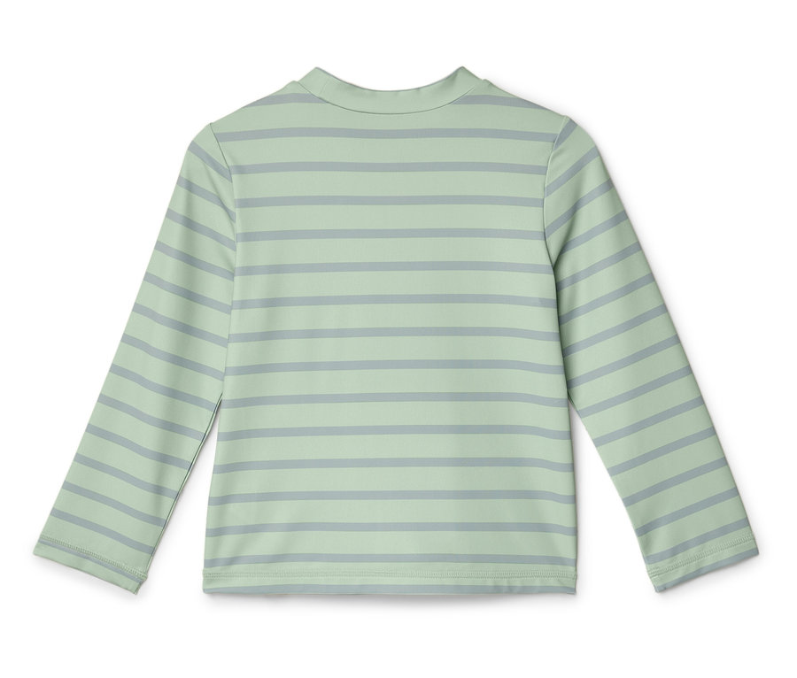 Langärmliges, hellgrünes Shirt mit grauen Streifen.