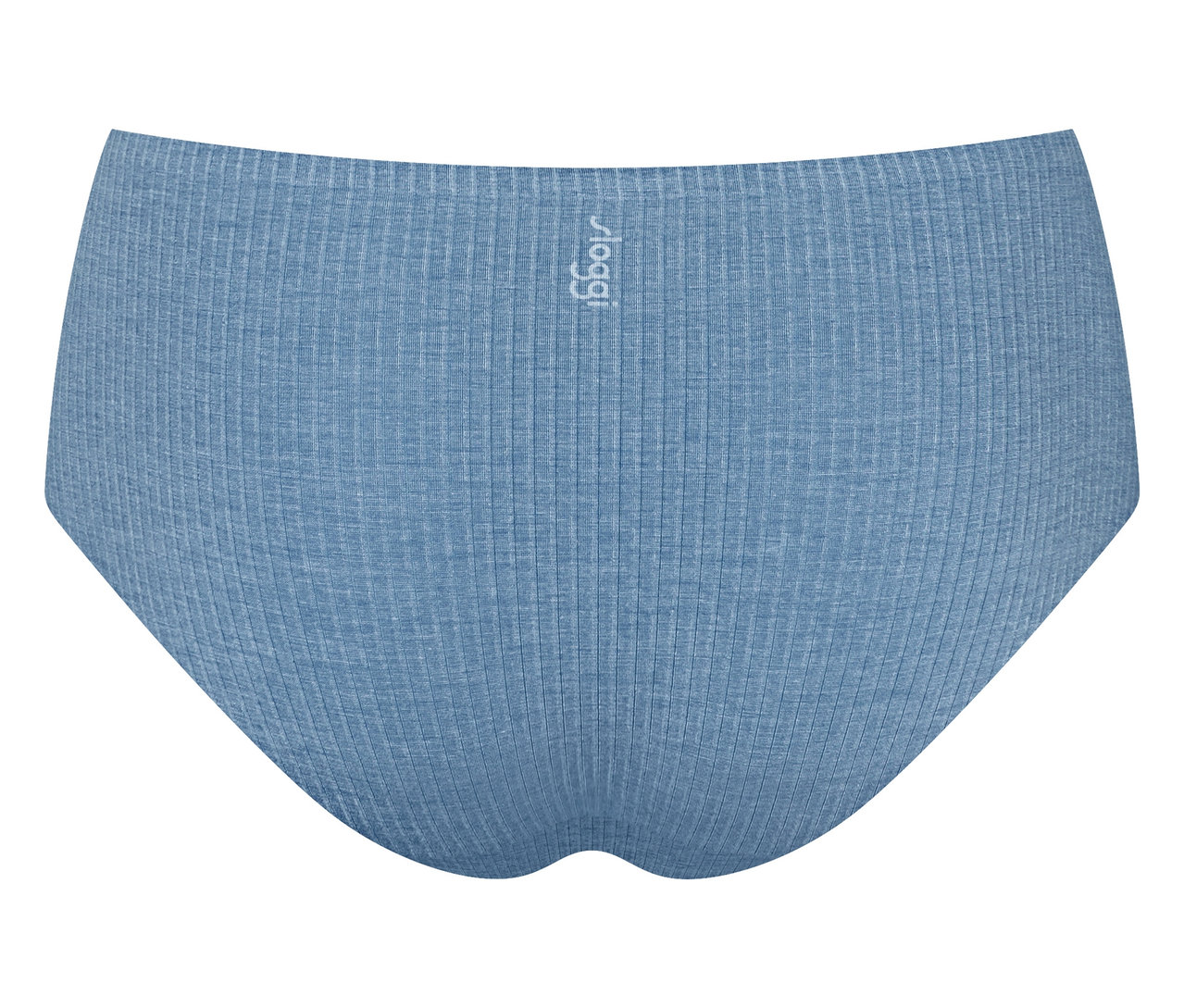 Hellblaue, gerippte Sloggi-Slips in der Rückansicht, mit dem Sloggi-Logo am Bund.