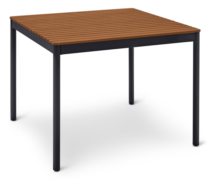 Quadratischer Tisch mit brauner Holzplatte und schwarzem Metallgestell.
