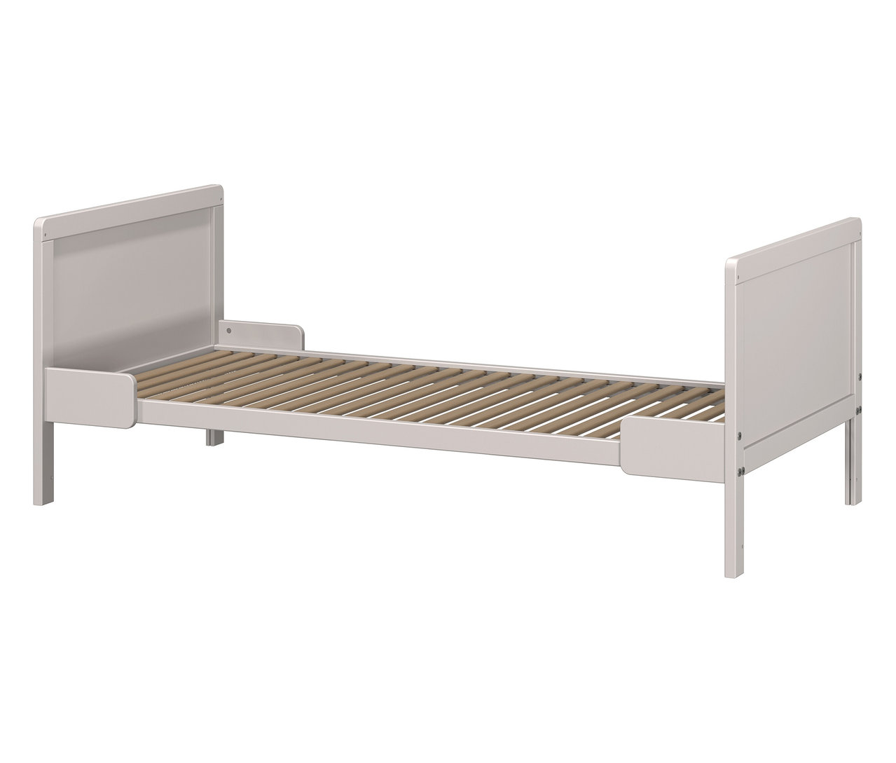 Ein helles Holzbettgestell mit Lattenrost steht auf einem weißen Hintergrund.