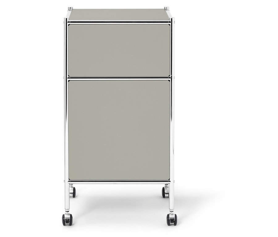 Grauer Rollcontainer mit zwei Schubladen und Chromrahmen.