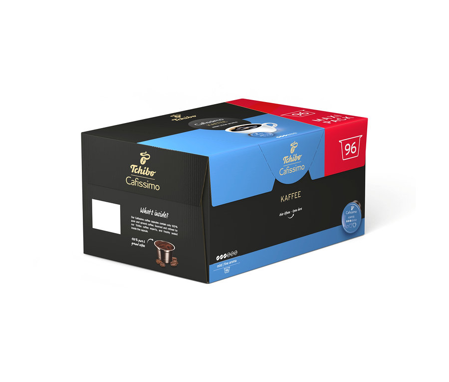 Schwarze und blaue Tchibo Cafissimo Maxi Pack Box mit 96 Kapseln Cafissimo Kaffee mild, mit einer Tasse Kaffee auf der Oberseite.