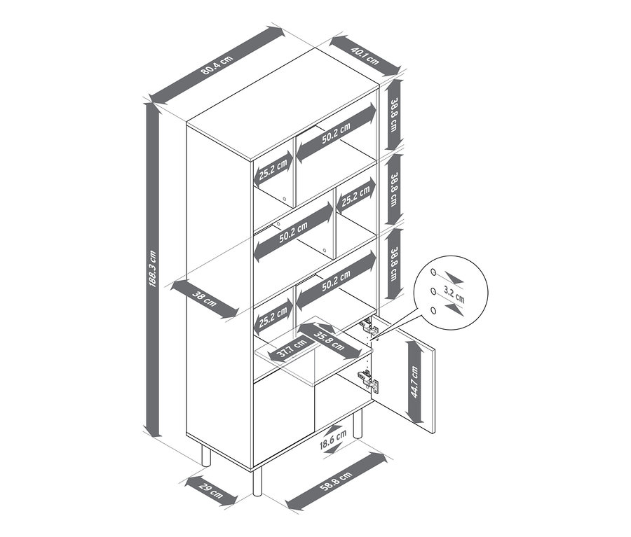 Isometrische Ansicht eines Schranks mit offenen Fächern und einem geschlossenen Fach mit offener Tür, alle Maße sind angegeben. Der Schrank ist 188,3 cm hoch, 80,4 cm breit und 40,1 cm tief.
