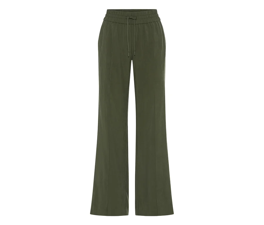 Olivgrüne weite Hose mit elastischem Bund und Kordelzug.