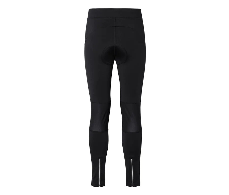 Schwarze Radhose mit gepolstertem Sitzbereich, Mesh-Einsätzen unter den Knien und Reißverschlüssen an den Knöcheln.