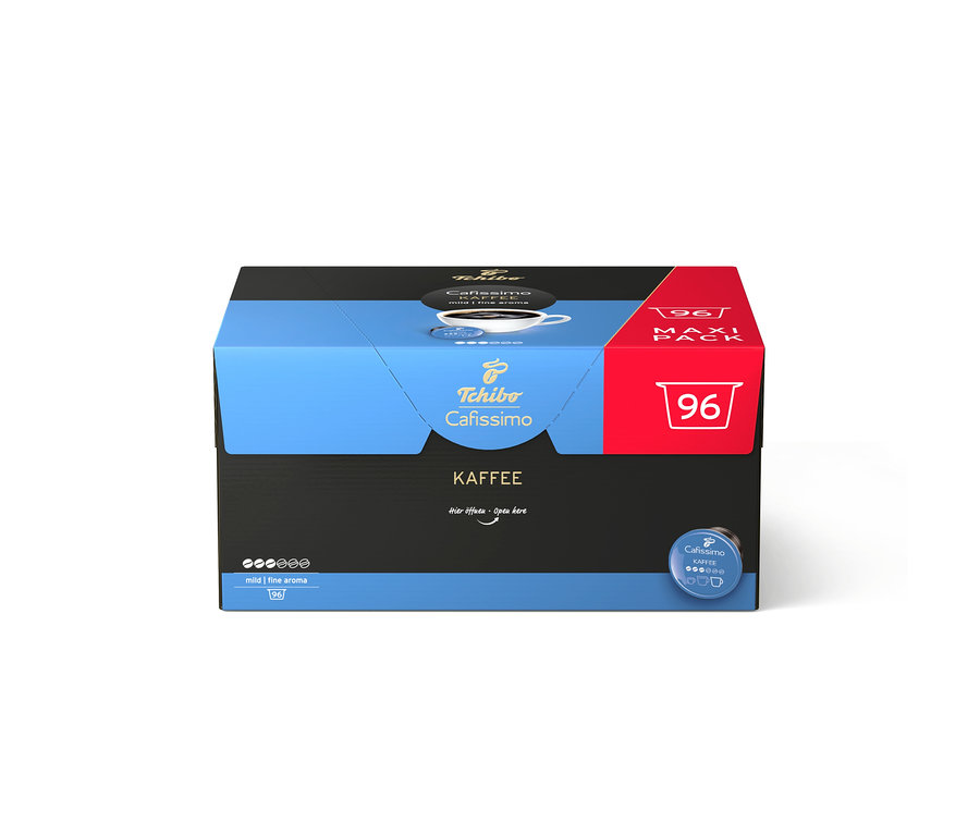 Schwarze und blaue Packung Cafissimo Kaffee mild mit 96 Kapseln, mit einer einzelnen blauen Kapsel an der Seite.