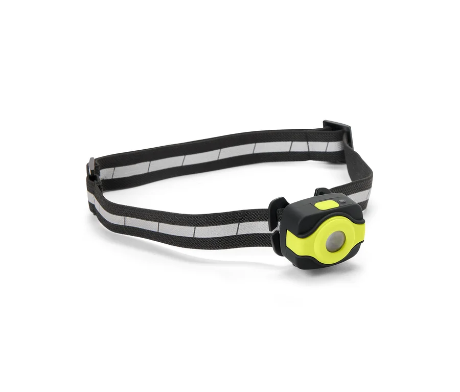Stirnlampe mit schwarz-grau gestreiftem Band und gelb-schwarzem Licht.