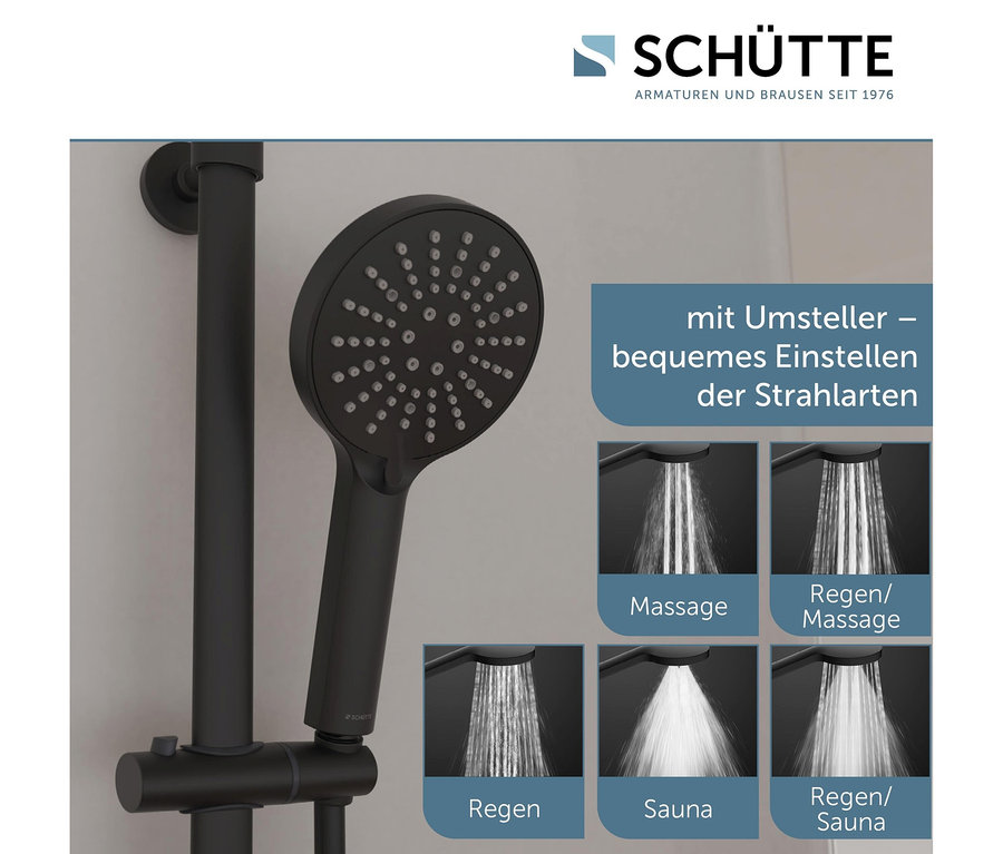 Schwarze Handbrause aus dem Überkopfbrause-Set »Madura Fresh« mit verschiedenen Wasserstrahlarten.