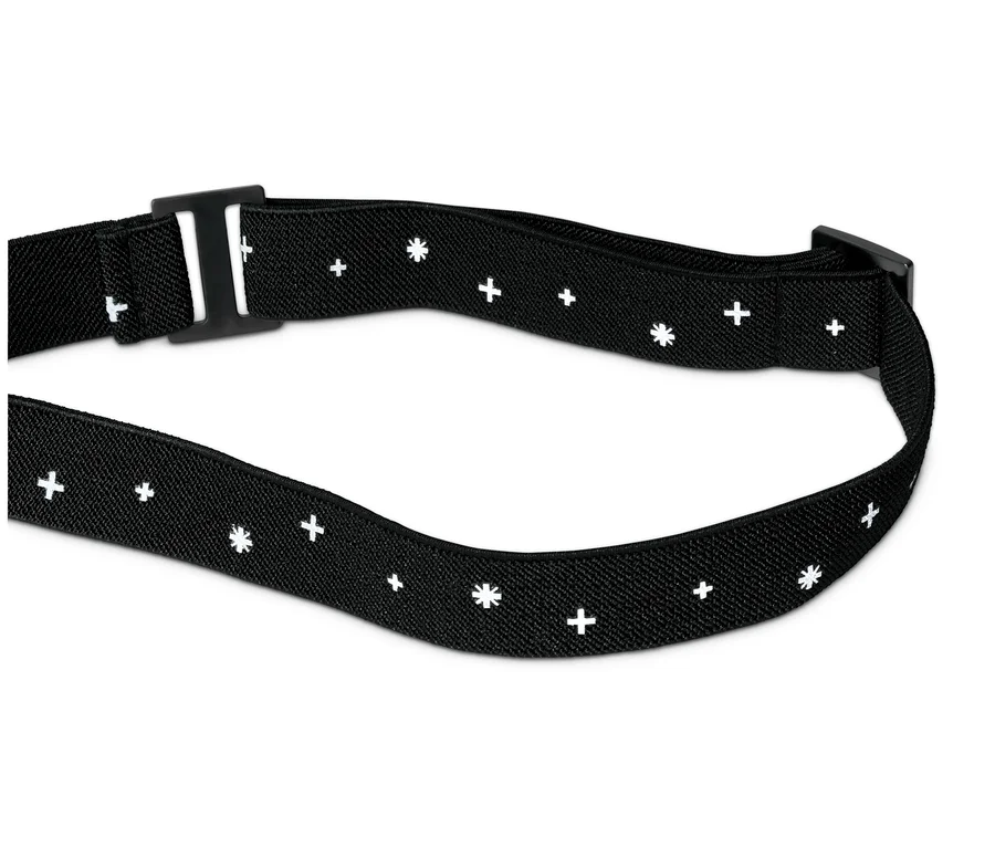 Schwarzes Stirnband für LED-Stirnlampe mit weißen Kreuzen und Sternen.