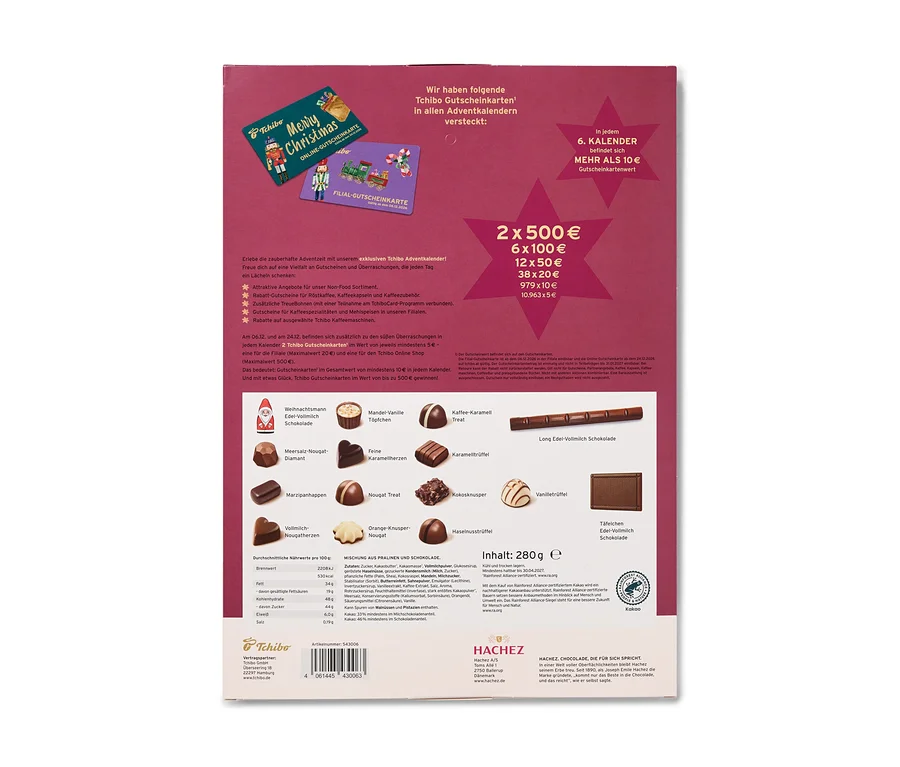 Rote Verpackung des Tchibo Adventskalenders, zeigt Gutscheinkarten und Pralinen wie Weihnachtsmann-Schokolade und Karamellherzen. Text bewirbt Gutschein-Gewinne bis zu 500 .