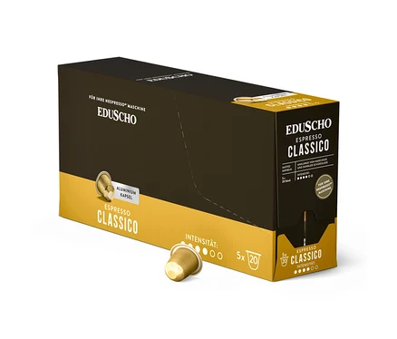 Eine offene, braun-goldene Packung Eduscho Espresso Classico Kaffeekapseln mit einer einzelnen Kapsel davor.