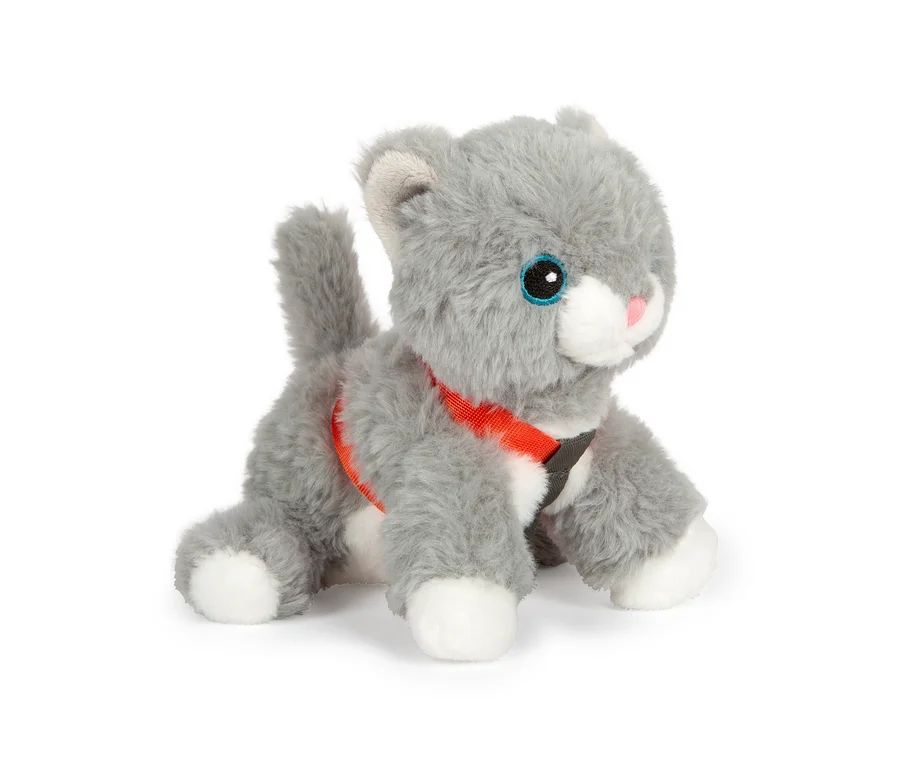 Graue Stoffkatze mit blauen Augen und rosa Nase, die ein rotes Geschirr trägt. Laut Produktliste handelt es sich um eine small foot Katze mit Tasche und Pflege-Set.