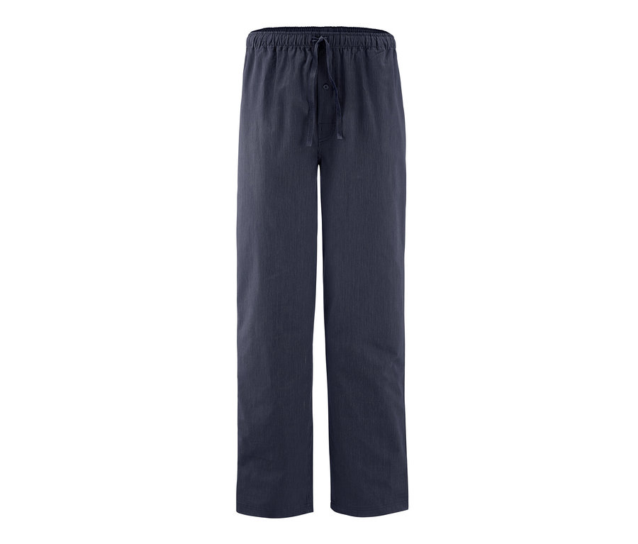 Eine dunkelblaue Web-Relaxhose mit Gummibund und Kordelzug.