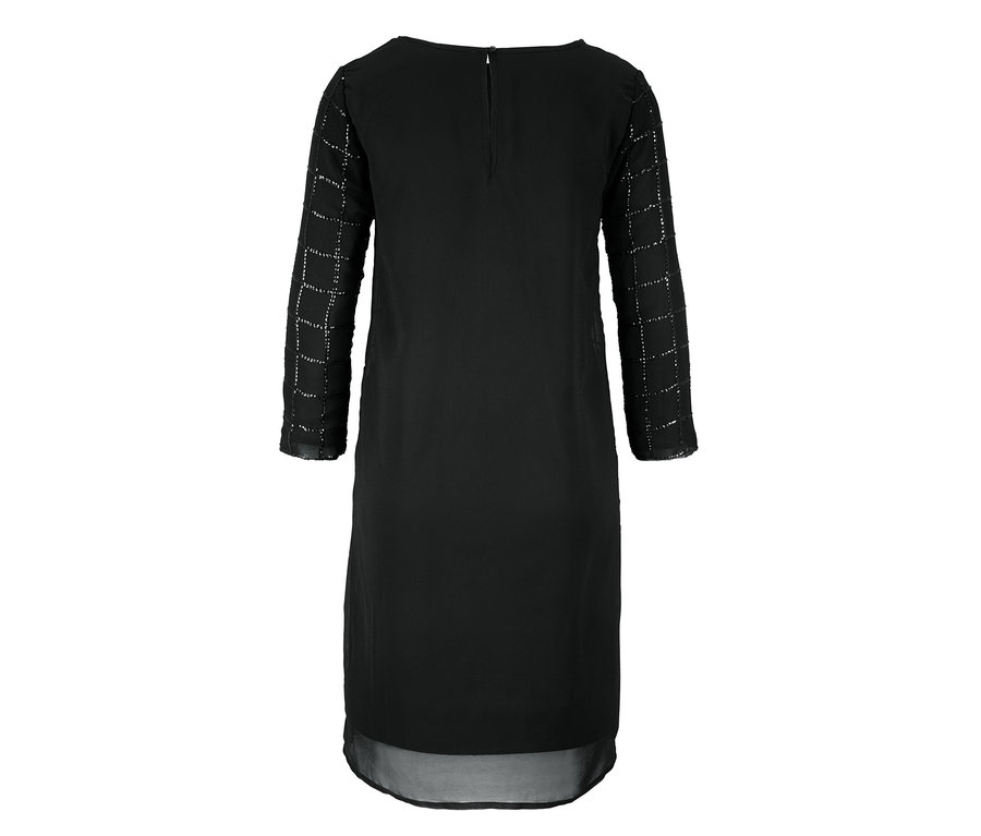 Schwarzes, festliches Kleid mit Paillettenbesatz und Dreiviertelärmeln.