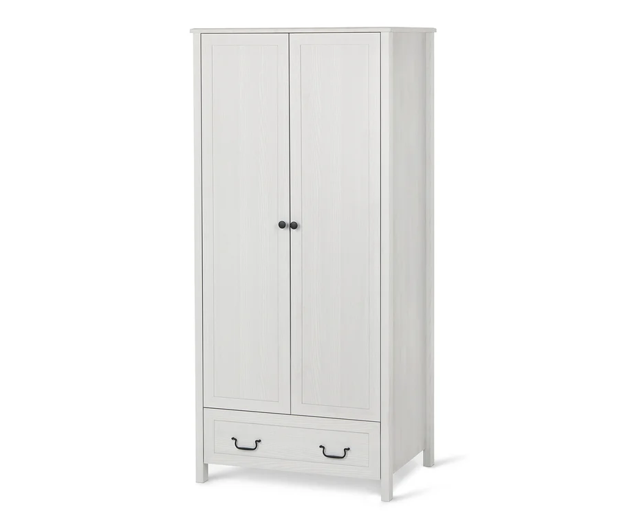 Weißer Garderobenschrank mit zwei Türen und einer Schublade.