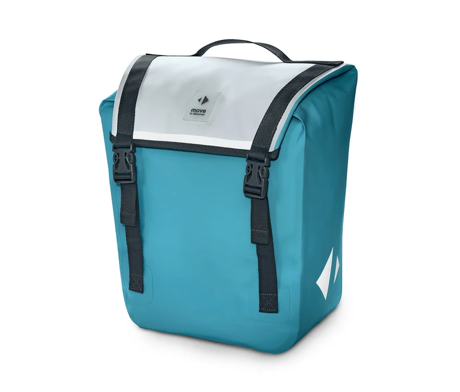 Eine blaue Fahrradtasche mit schwarzen Riemen.