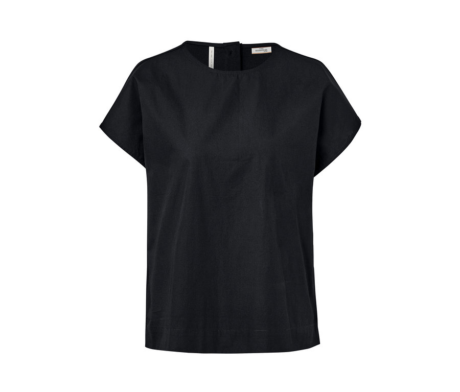 Schwarzes Blusenshirt im Materialmix.