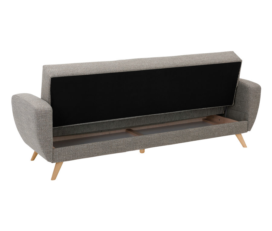Detailansicht eines graumelierten 3-Sitzer-Schlafsofas »Justus« mit offenem Bettkasten.