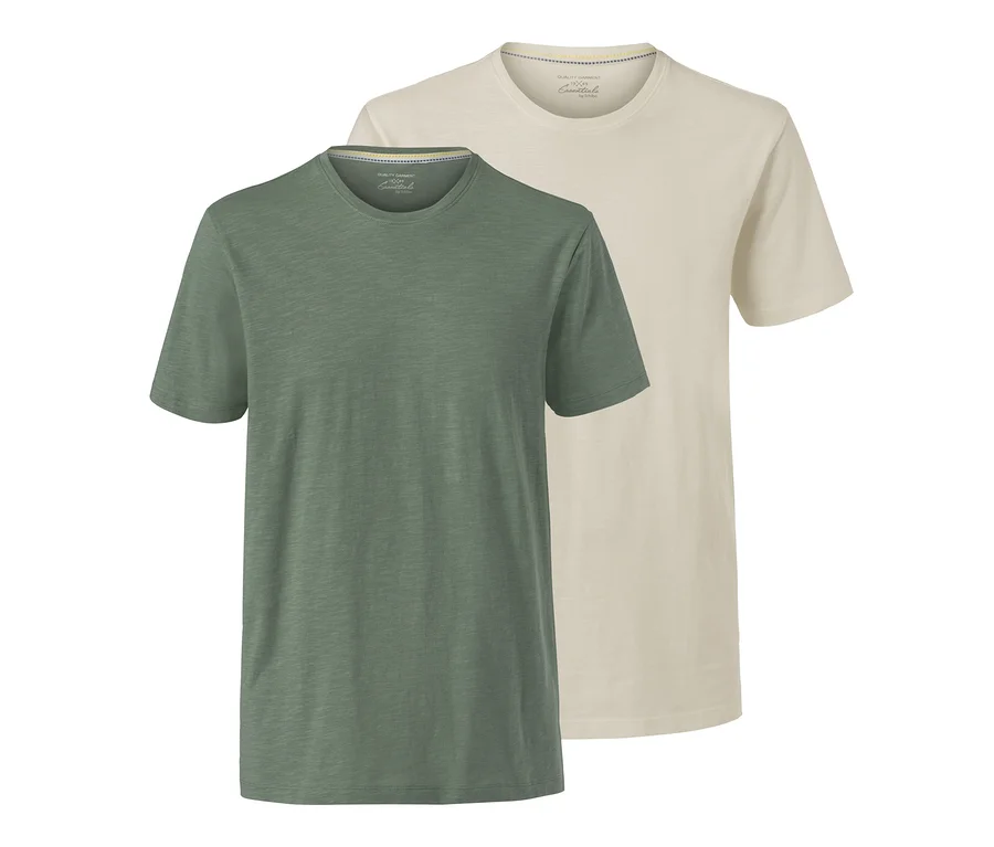 Zwei T-Shirts mit Rundhalsausschnitt in Grün und Beige.